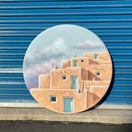 Large Round Vintage Oil on Canvas Painting by R.Atkins (signed)