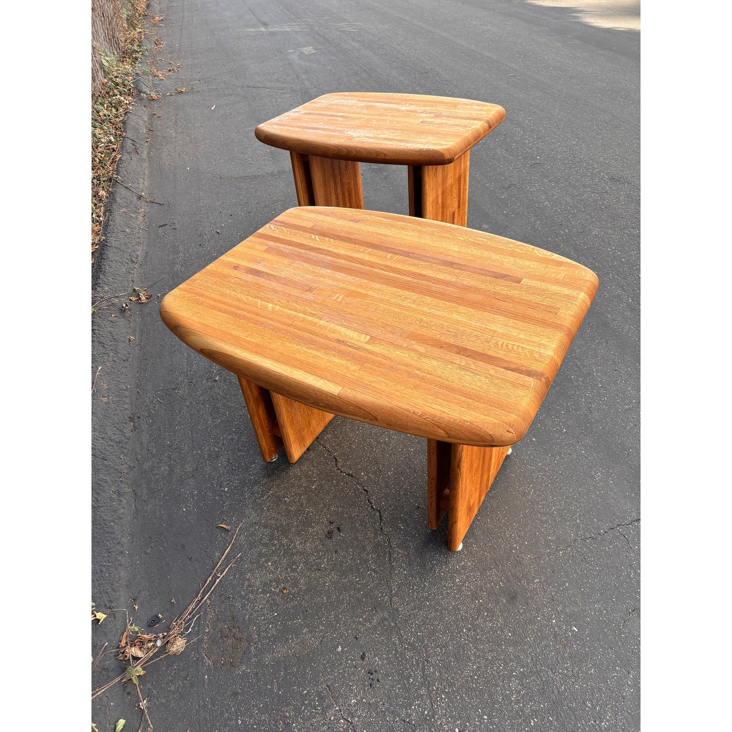 Pair of Vintage 70s Oak Side Tables - Lou Hodges